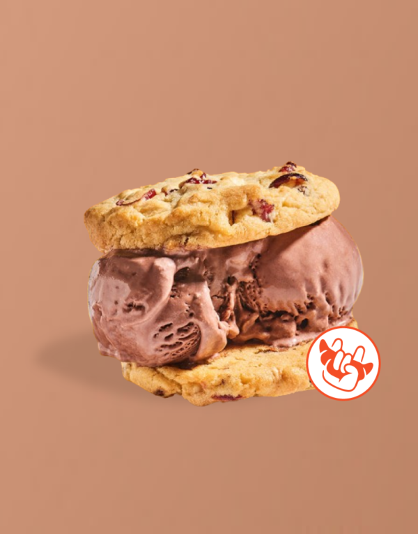 En esta imagen sale una galleta con pasas en la superficie. En el interior tiene una bola de helado de chocolate