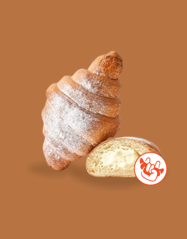 En esta imagen se muestra un cruasan de vainilla sobre un fondo marrón con el logo de la marca